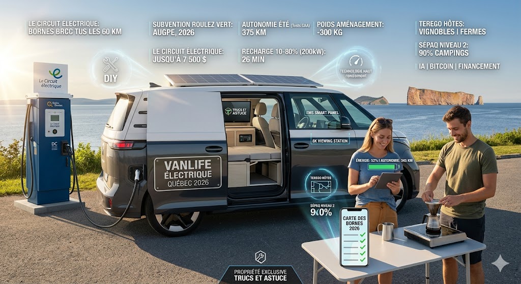 Vanlife électrique Québec 2026 : Fourgon aménagé et borne de recharge Circuit Électrique