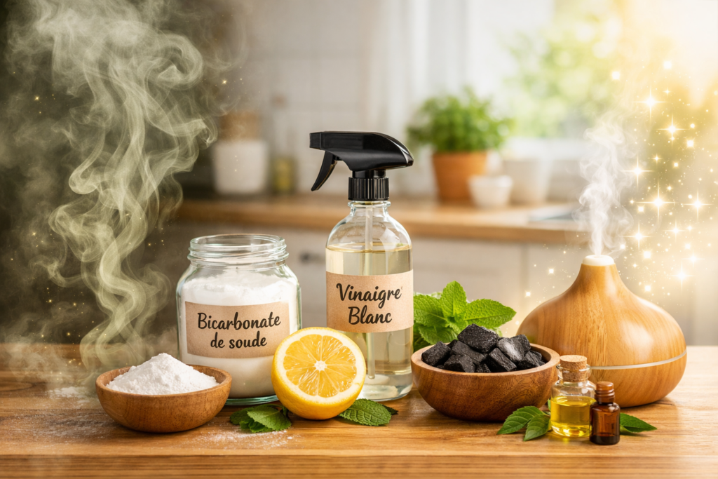 Enlever les mauvaises odeurs dans la maison naturellement avec du bicarbonate de soude, vinaigre blanc et citron
