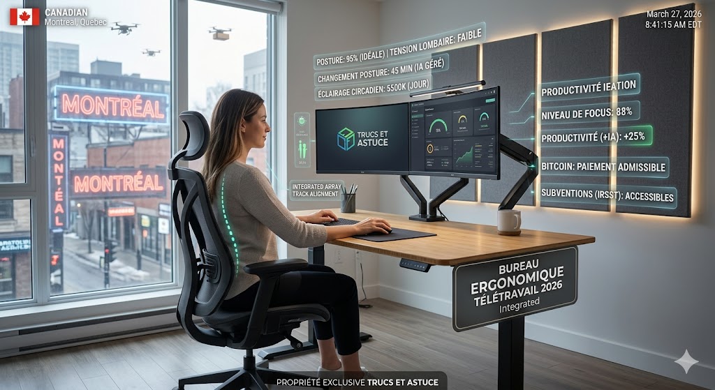 Bureau ergonomique télétravail 2026 : Espace de travail zen et technologique avec interfaces holographiques.