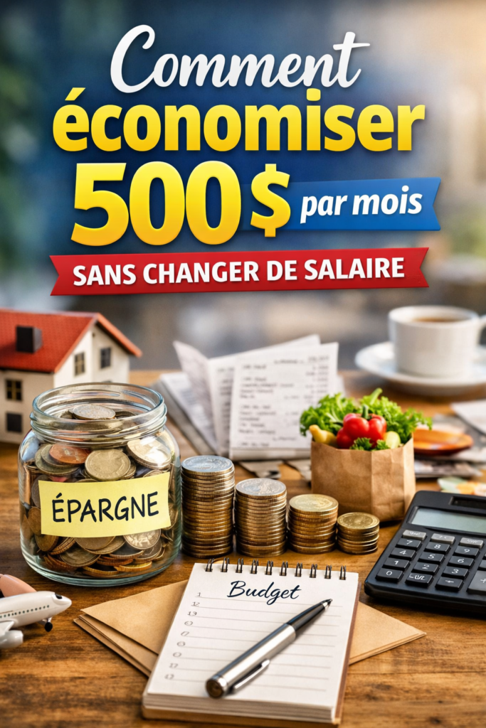 Comment économiser 500 $ par mois avec un budget, des pièces de monnaie et un pot d’épargne sur une table Titre de l’image