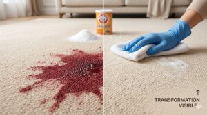 Gros plan montrant une tache de vin rouge sur un tapis beige, avec le résultat après le enlever une tache de vin rouge