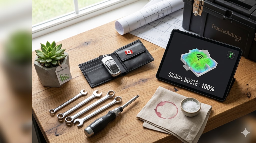 Gros plan sur un établi en bois montrant une clé de voiture de luxe, des outils propres, une tablette avec signal Wi-Fi fort, et du sel pour absorber le vin : un résumé de l'entretien maison et auto pour Trucs et Astuce .com.