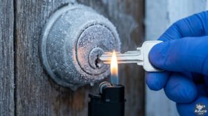 Gros plan sur une serrure de porte gelée avec une main chauffant une clé neutre pour débloquer le mécanisme en hiver au Québec.