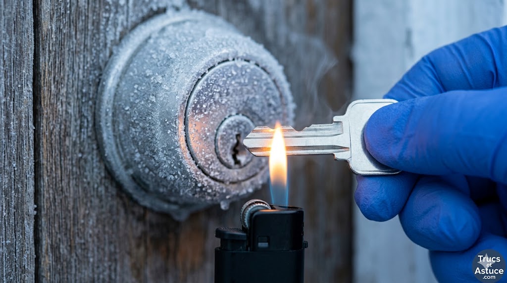 Gros plan sur une serrure de porte gelée avec une main chauffant une clé neutre pour débloquer le mécanisme en hiver au Québec.